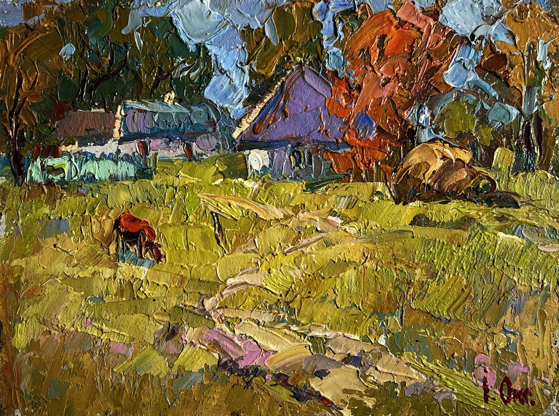 Vibrant oil painting Autumn has come to the village by Oksana Ivanyuk red cow grazing