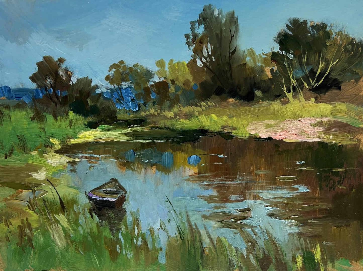 Oil painting Summer in green banks by Yuriy Suprunchuk rowboat scene