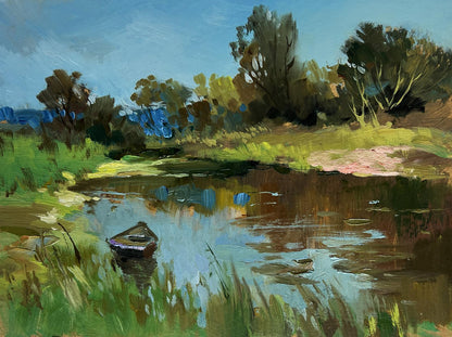 Oil painting Summer in green banks by Yuriy Suprunchuk rowboat scene