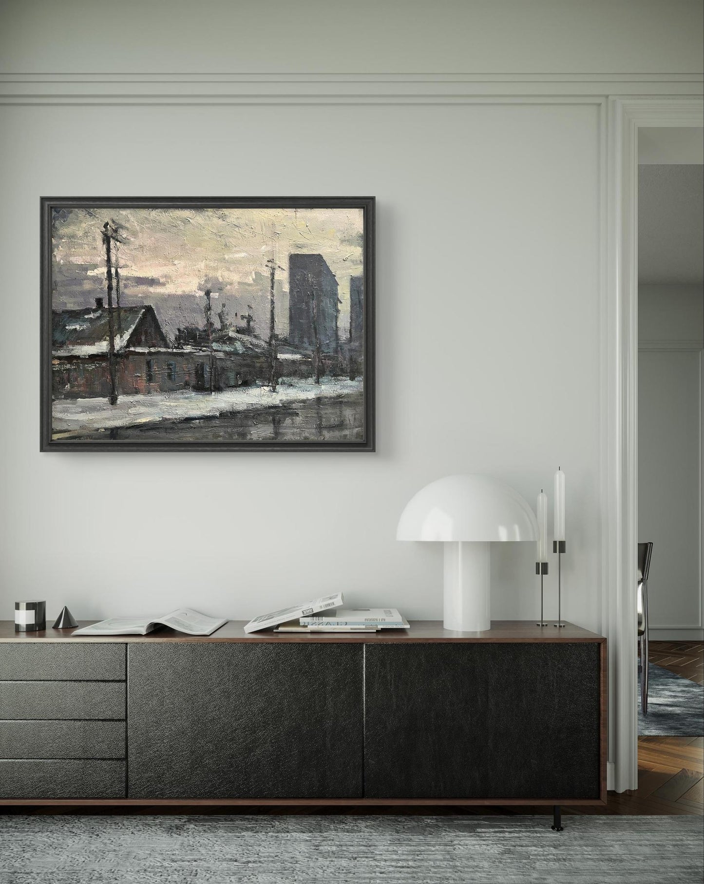 Oil painting Snowy street by Volodymyr Pashchenko, abstract black-framed cityscape