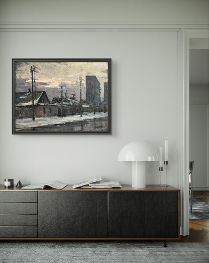 Oil painting Snowy street by Volodymyr Pashchenko, abstract black-framed cityscape