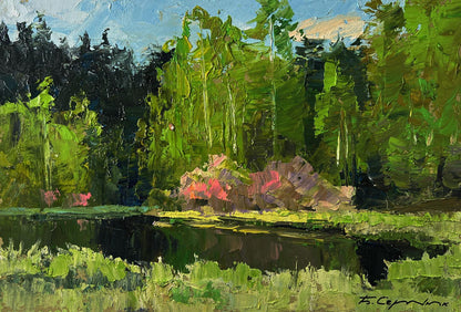 Oil painting of vibrant green forest, pink flowering bushes reflected in calm pond by Boris Serdyuk