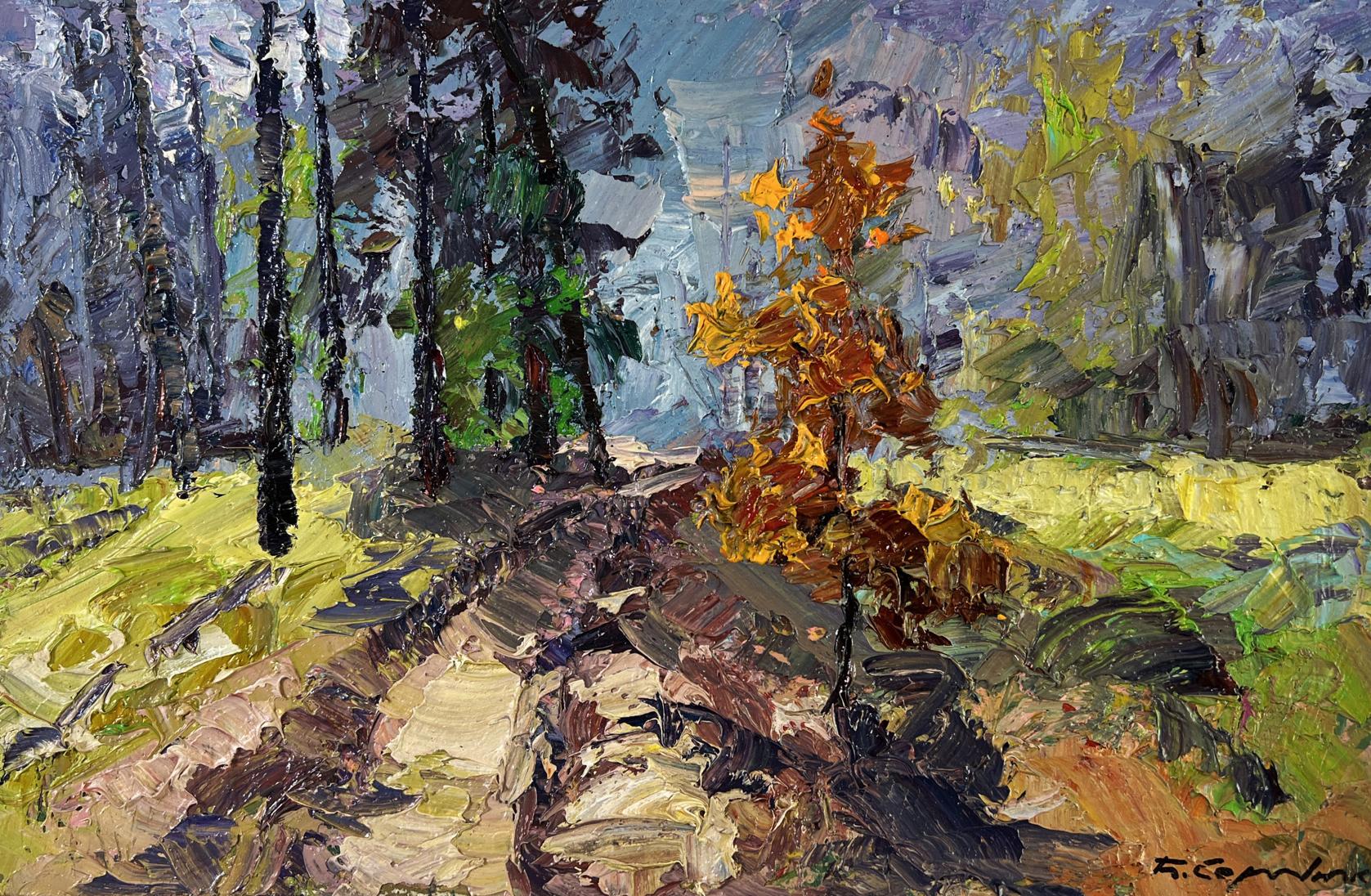 Oil painting The road among the trees by Boris Serdyuk, vibrant autumn forest