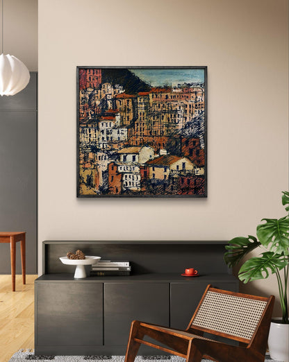 Framed oil painting graphic of hillside town by Serhiy Kovalev