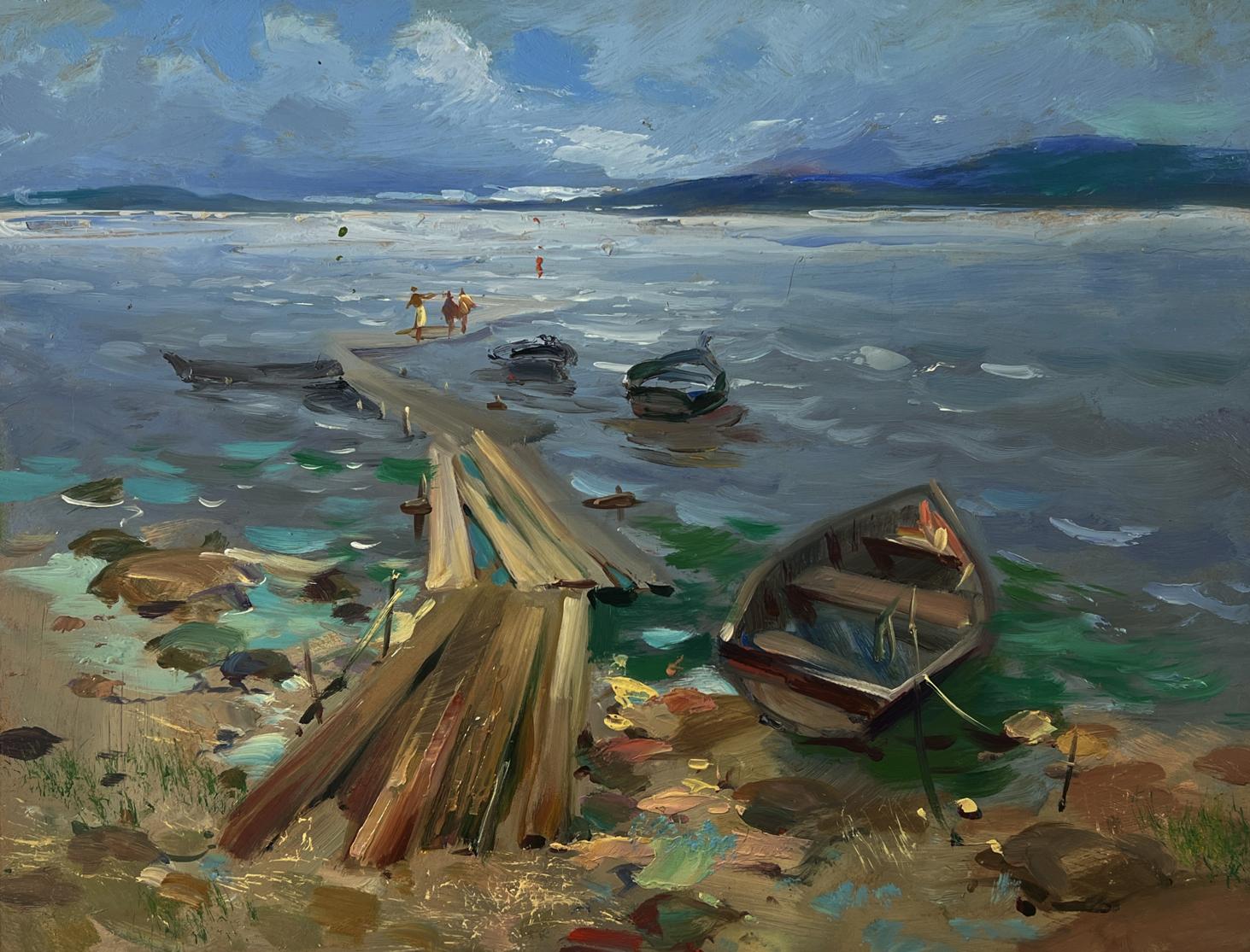 Oil painting of weathered wooden dock with boats on river bank by Yuriy Suprunchuk
