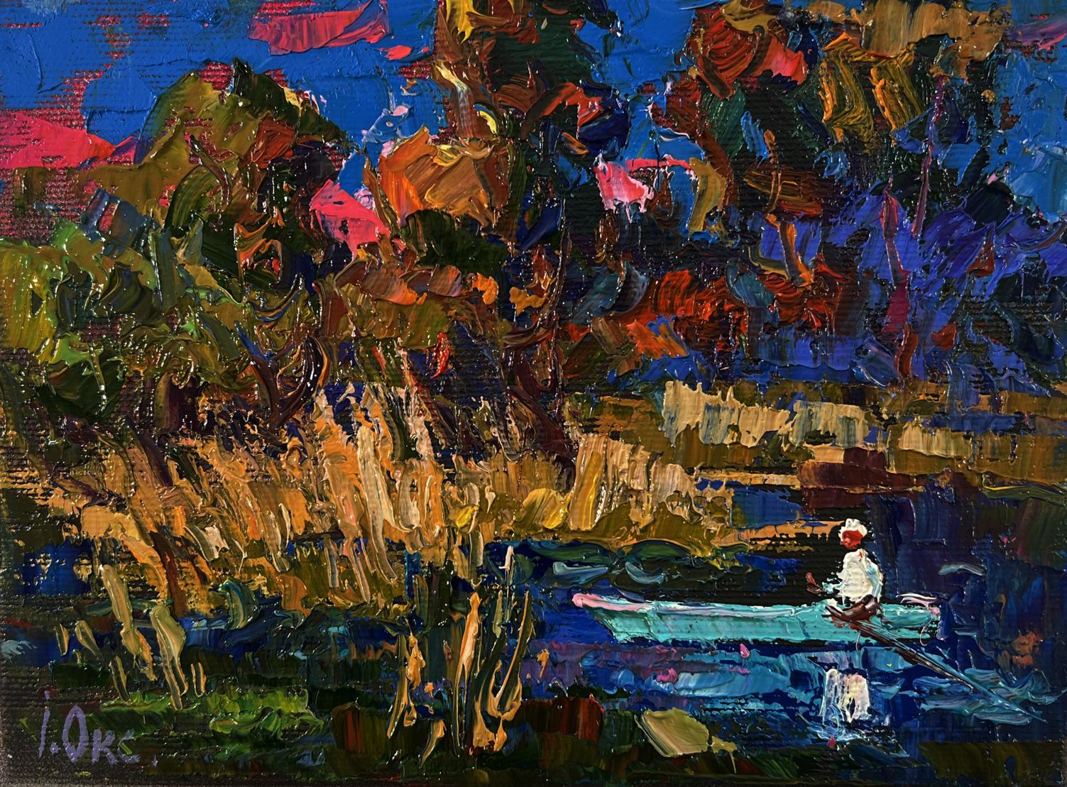 Vibrant oil painting Boat in the swamp by Oksana Ivanyuk, lone rower in turbulent waters