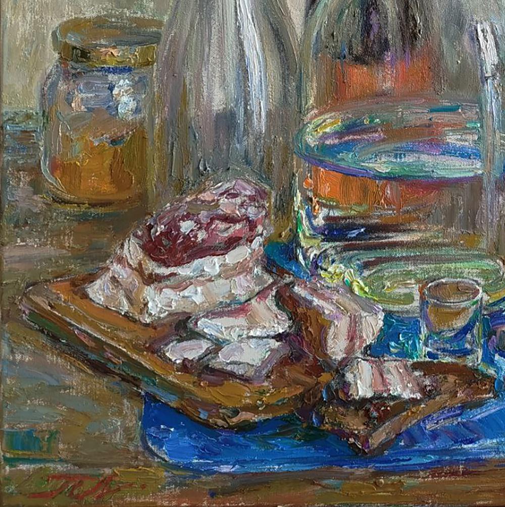Oil painting by Leonid Pavlenko of raw marbled meat on rustic board