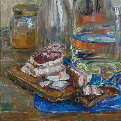 Oil painting by Leonid Pavlenko of raw marbled meat on rustic board