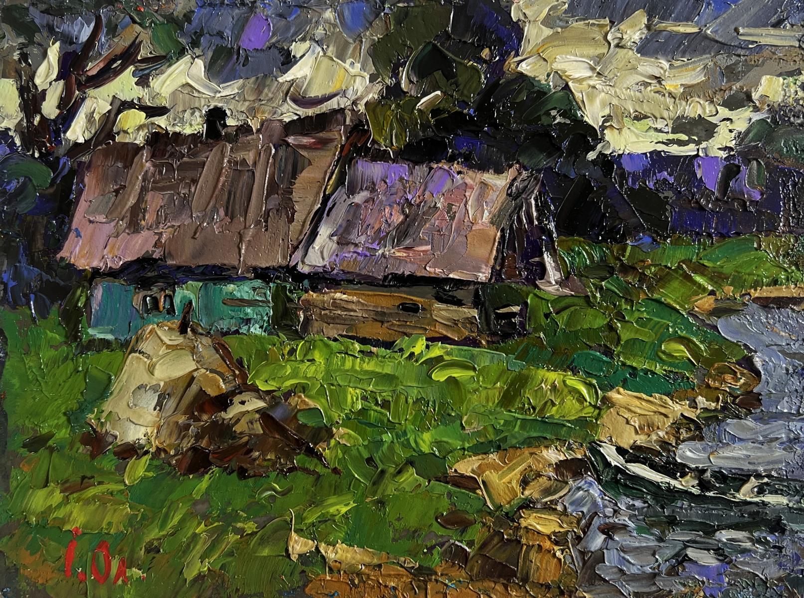 Oil painting Evening cold breeze by Oleksiy Ivanyuk: rustic house amid green foliage