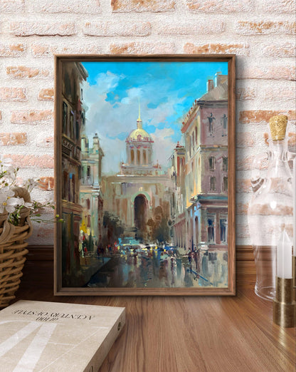 Impressionistic oil painting of City Hall by Yuriy Suprunchuk in wooden frame