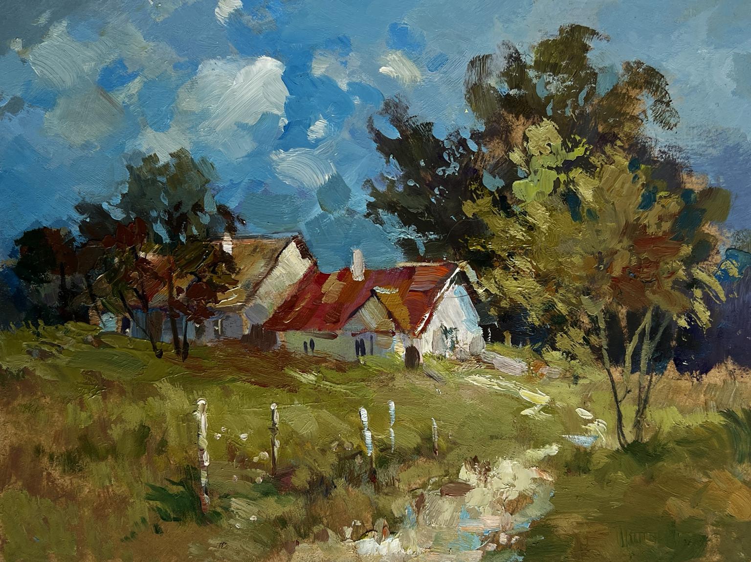 Oil painting of rustic white house with red-tiled roof in forest by Yuriy Suprunchuk