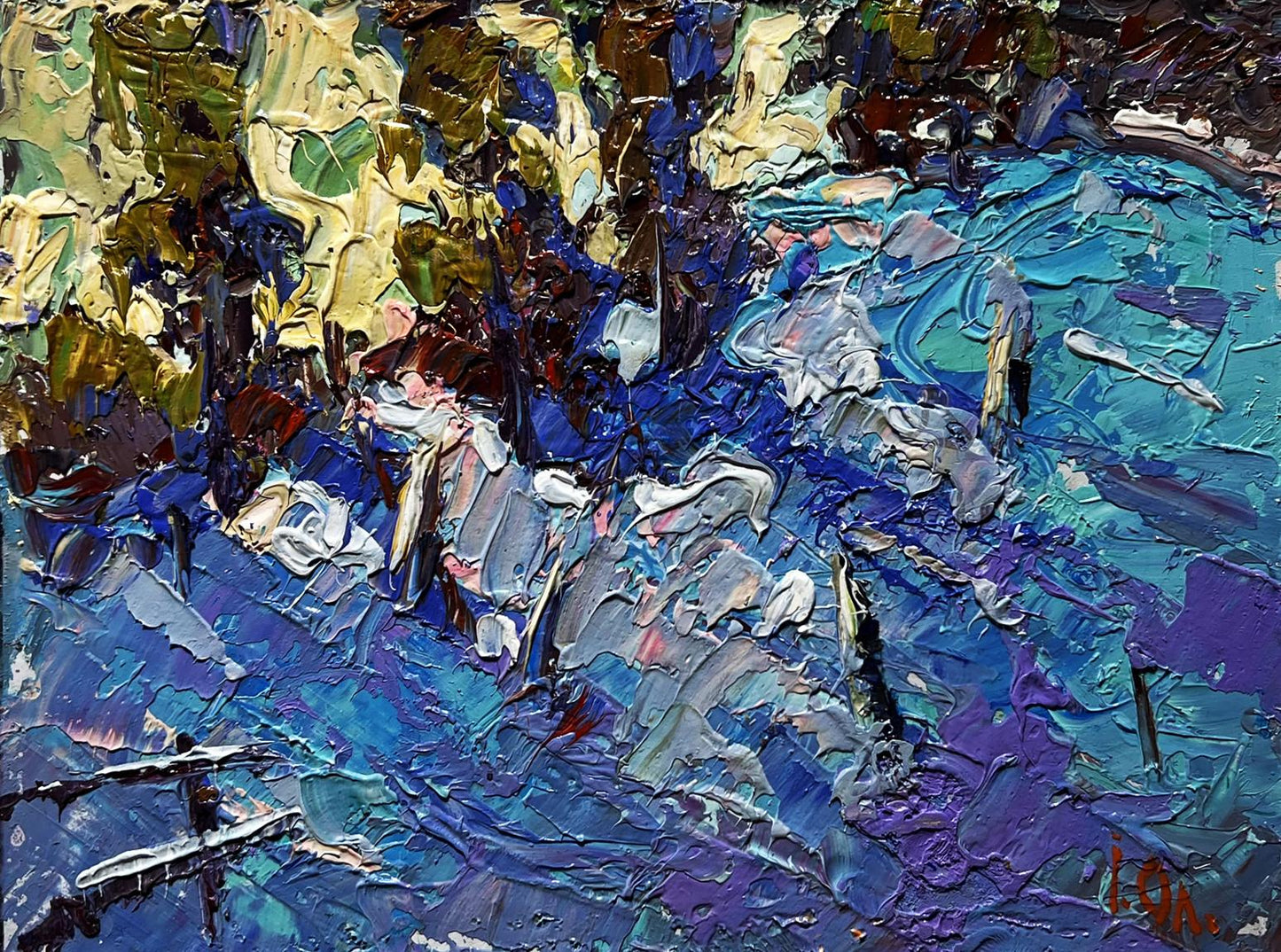 Large oil painting of snowdrifts by Oleksiy Ivanyuk with blue purple gold impasto
