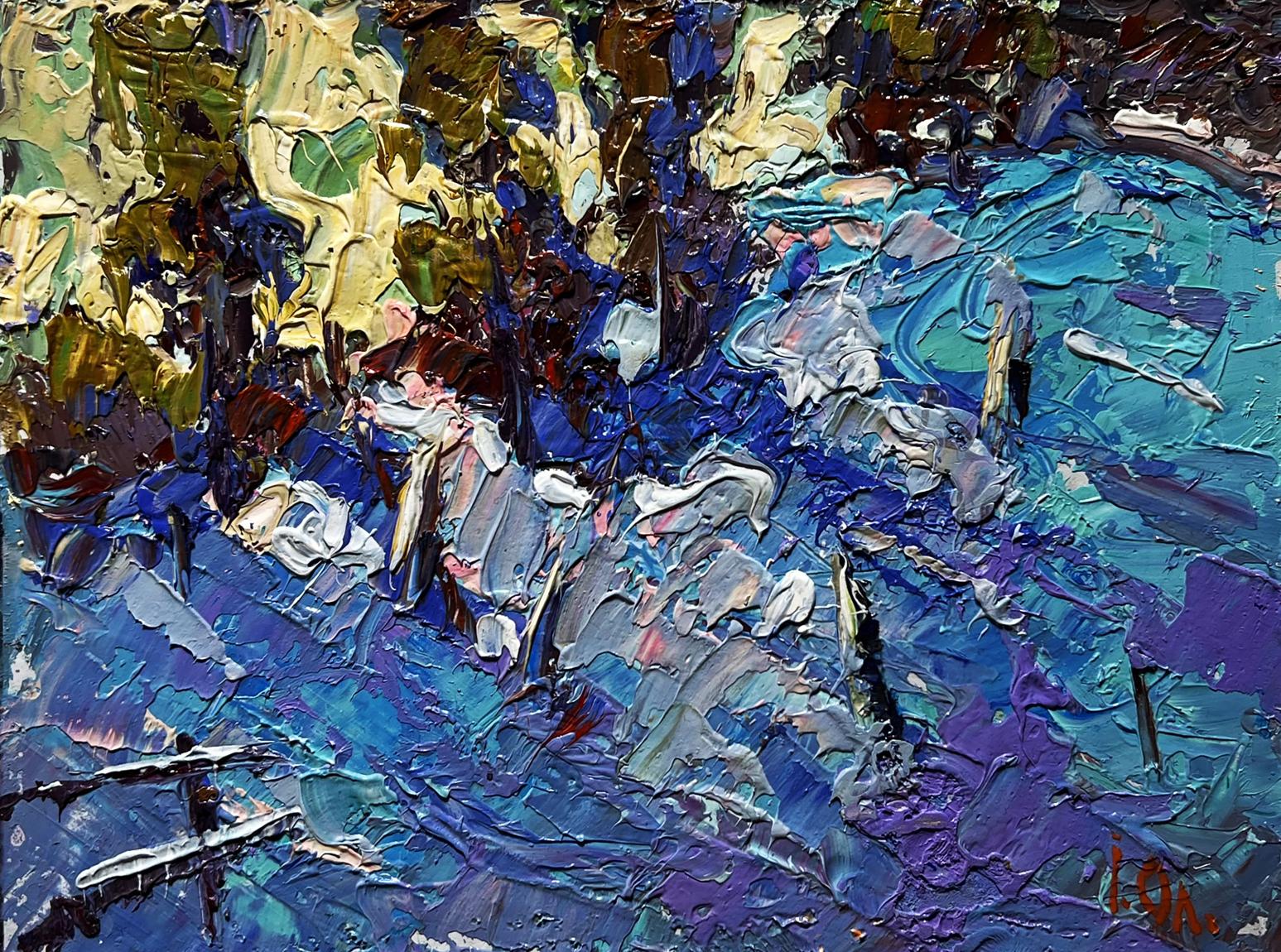 Large oil painting of snowdrifts by Oleksiy Ivanyuk with blue purple gold impasto