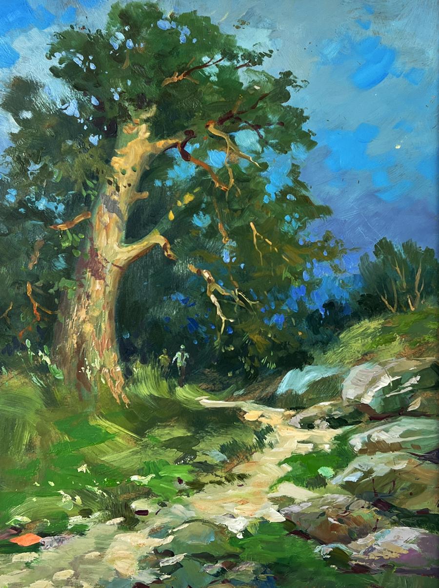 Vibrant impressionistic oil painting of daytime forest road by Yuriy Suprunchuk