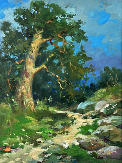 Vibrant impressionistic oil painting of daytime forest road by Yuriy Suprunchuk