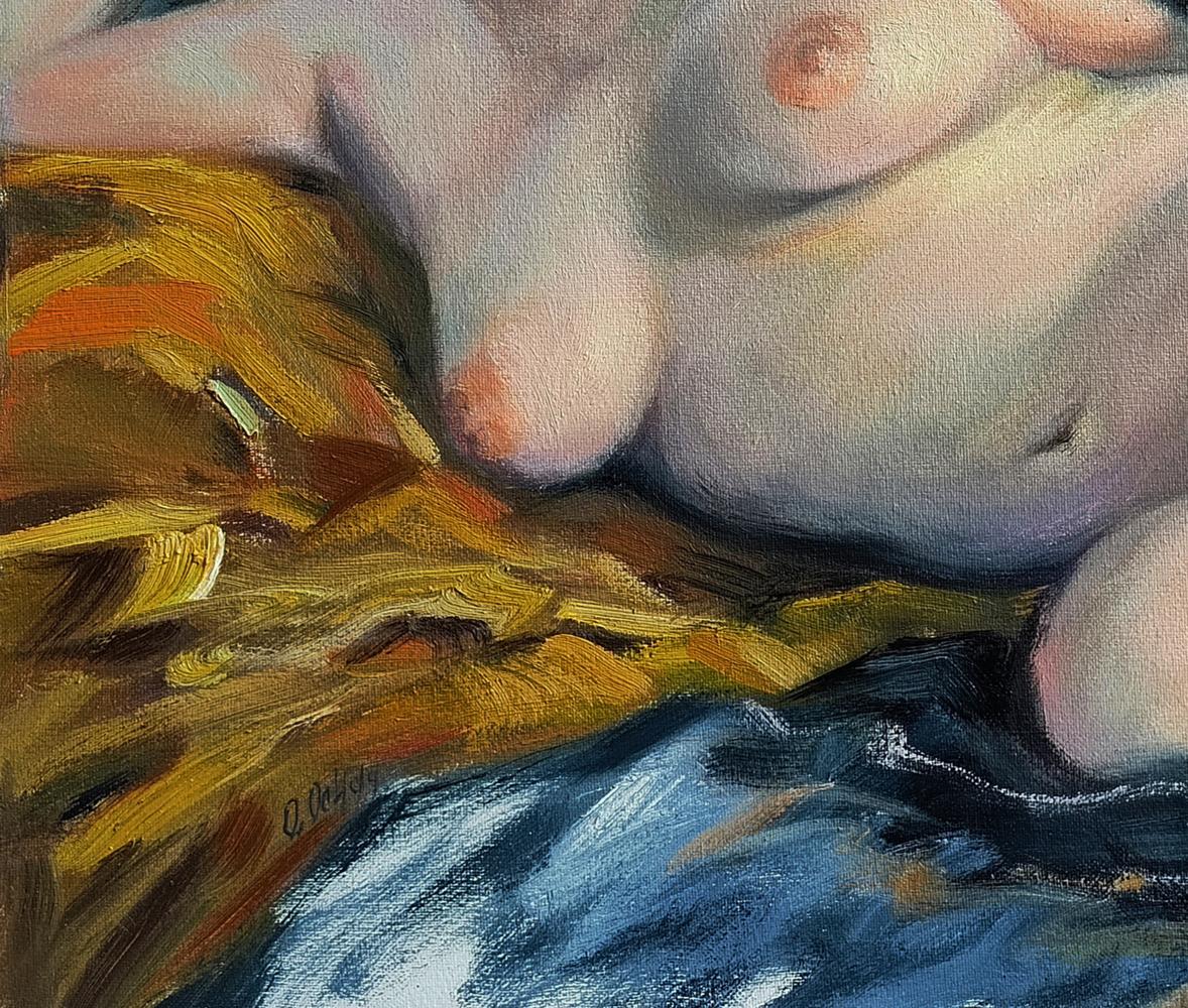 Soft pale oil painting of female figure on gold blue fabrics by Oksana Osnach