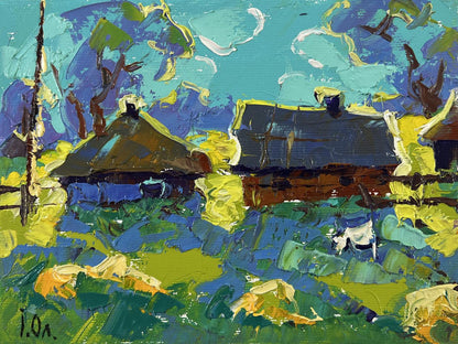 Moonlit night village by Oleksiy Ivanyuk: impressionist oil painting