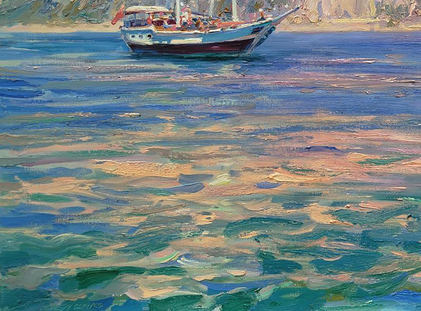 Oil painting of blue and white sailboat with red flag near sunny beach by Leonid Pavlenko