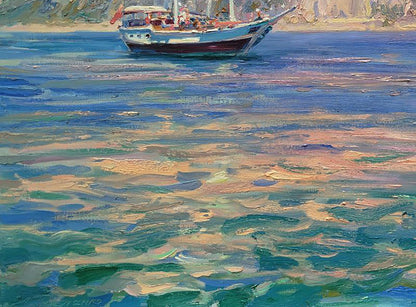 Oil painting of blue and white sailboat with red flag near sunny beach by Leonid Pavlenko