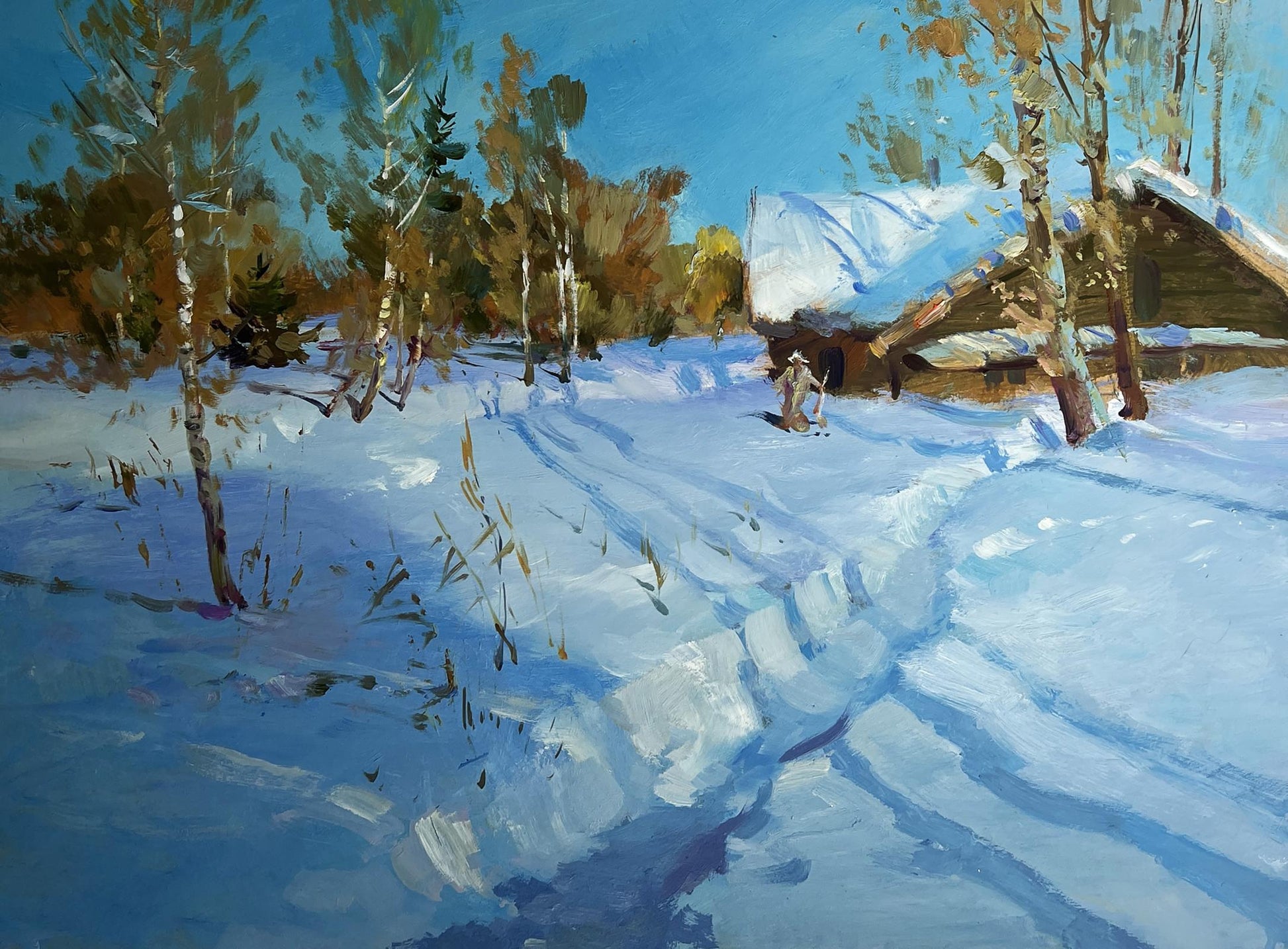 Oil painting of snow-covered wooden cabin among bare trees by Yuriy Suprunchuk