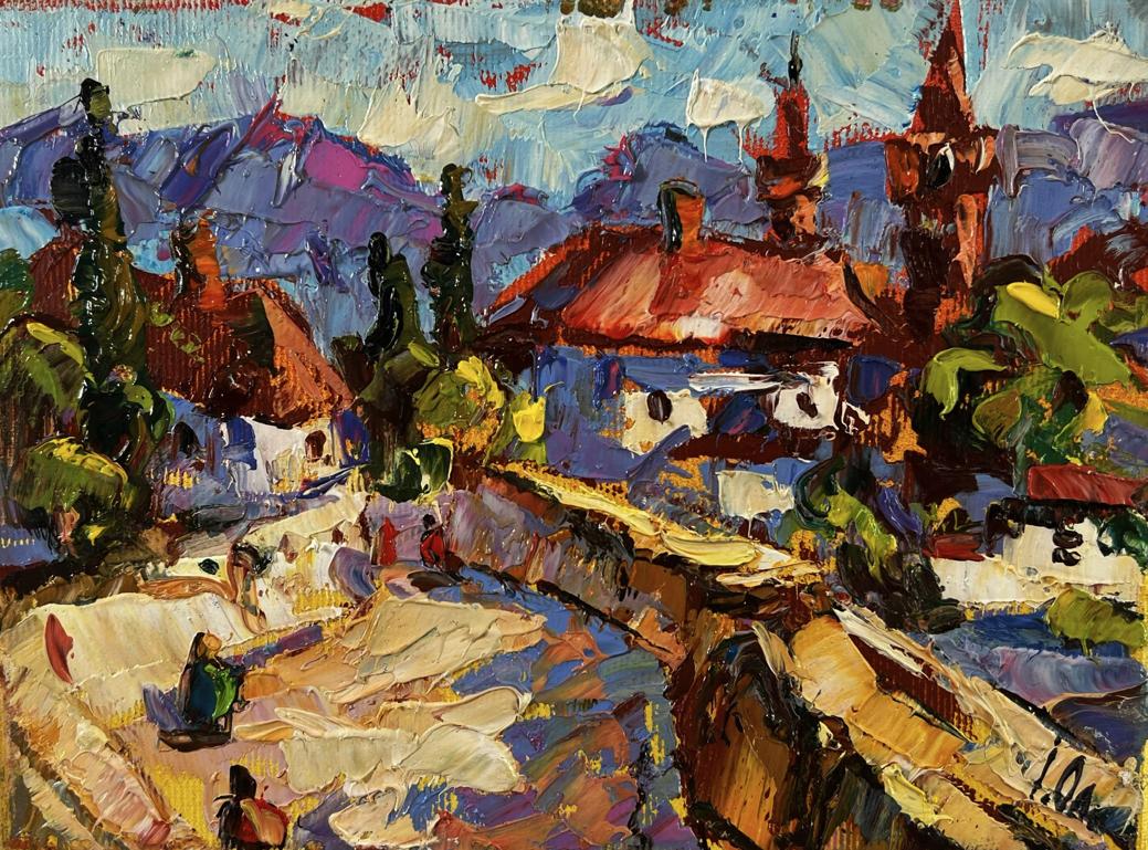 Vibrant impressionist oil painting by Oleksiy Ivanyuk of old town village walk