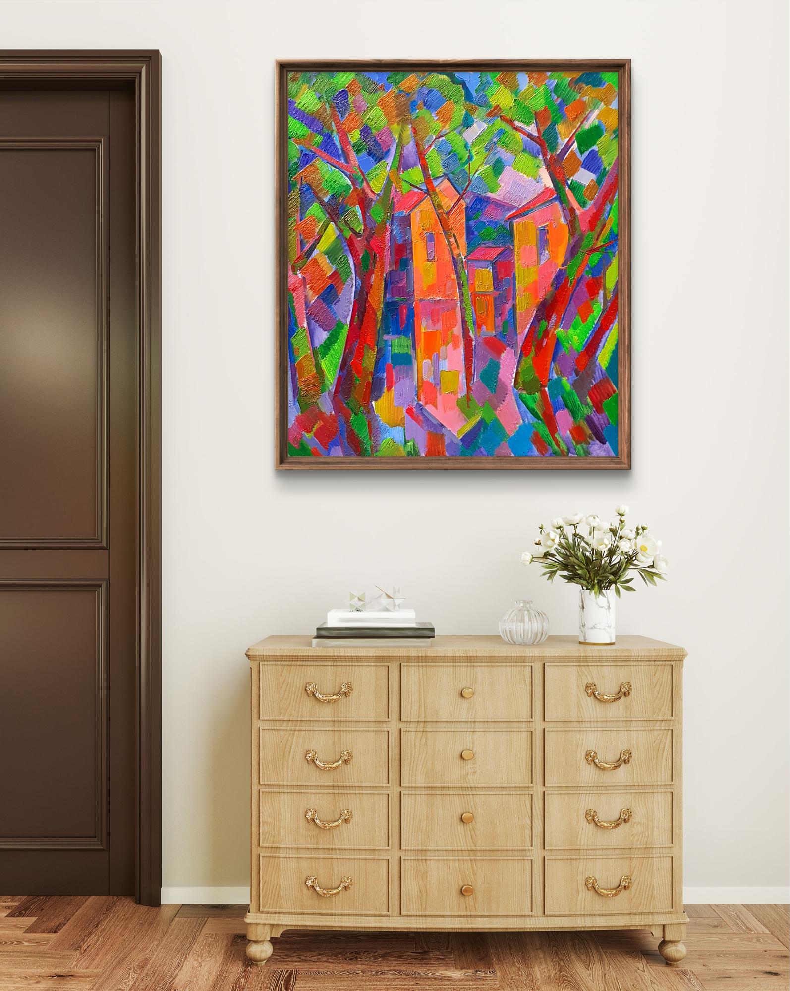 Oil painting Houses through the trees by Peter Dobrev in dark wood frame