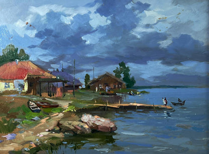Oil painting of houses near river bank by Yuriy Suprunchuk