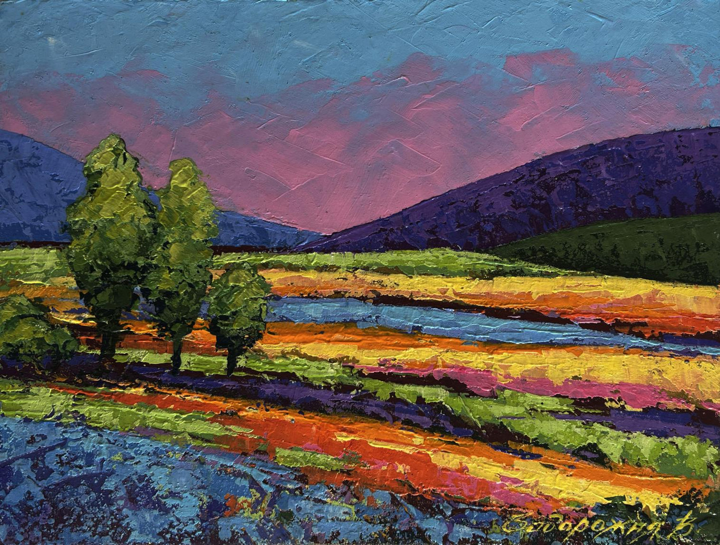 Vibrant impressionist oil painting by V. Zadorozhnya: gentle pink sunset over hills