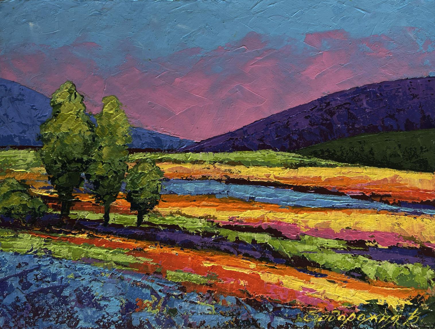 Vibrant impressionist oil painting by V. Zadorozhnya: gentle pink sunset over hills