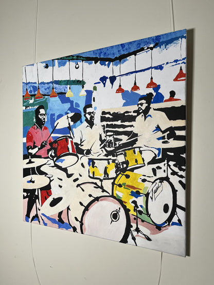 Vibrant pop-art drum set on Arturo Banks jazz cafe acrylic painting