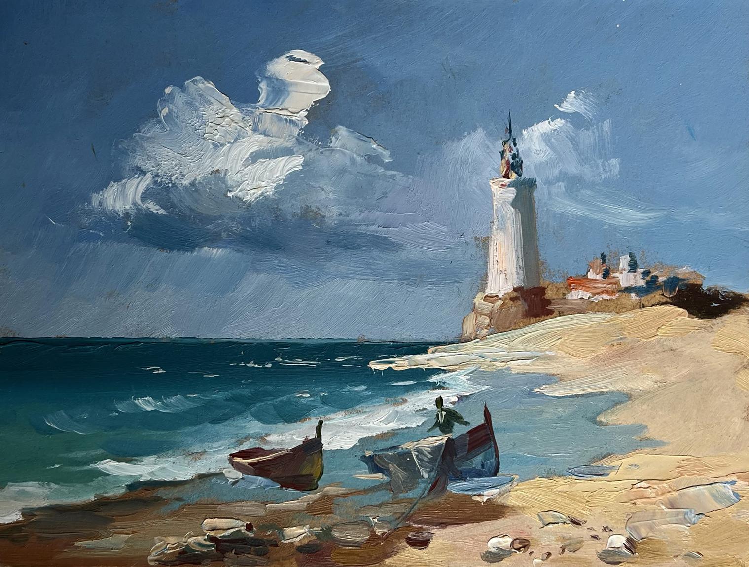 Oil painting of white lighthouse with boats by Yuriy Suprunchuk