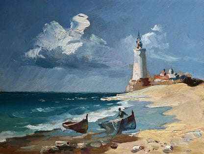 Oil painting of white lighthouse with boats by Yuriy Suprunchuk