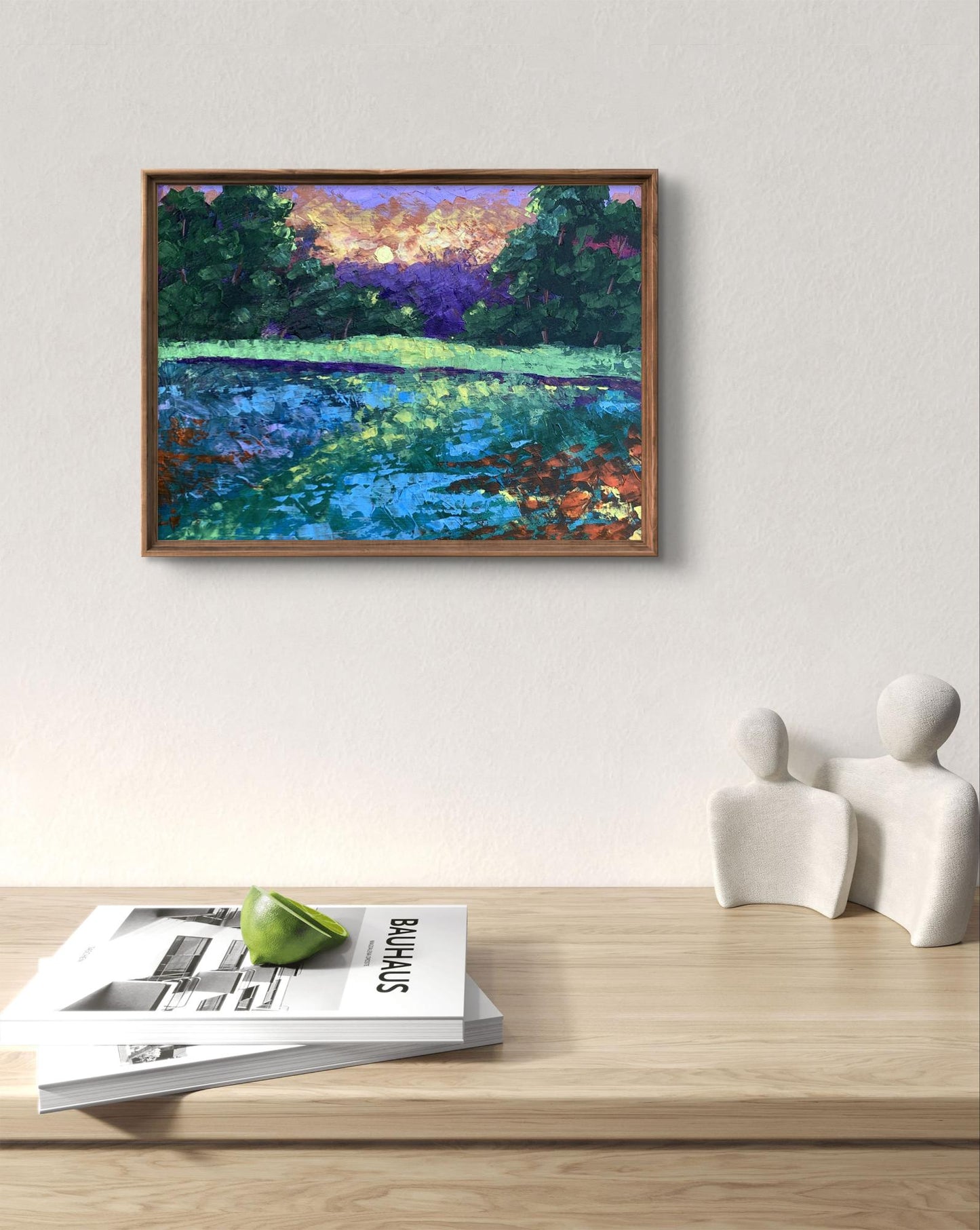 Oil painting Sunset behind the trees by V. Zadorozhnya in wooden frame
