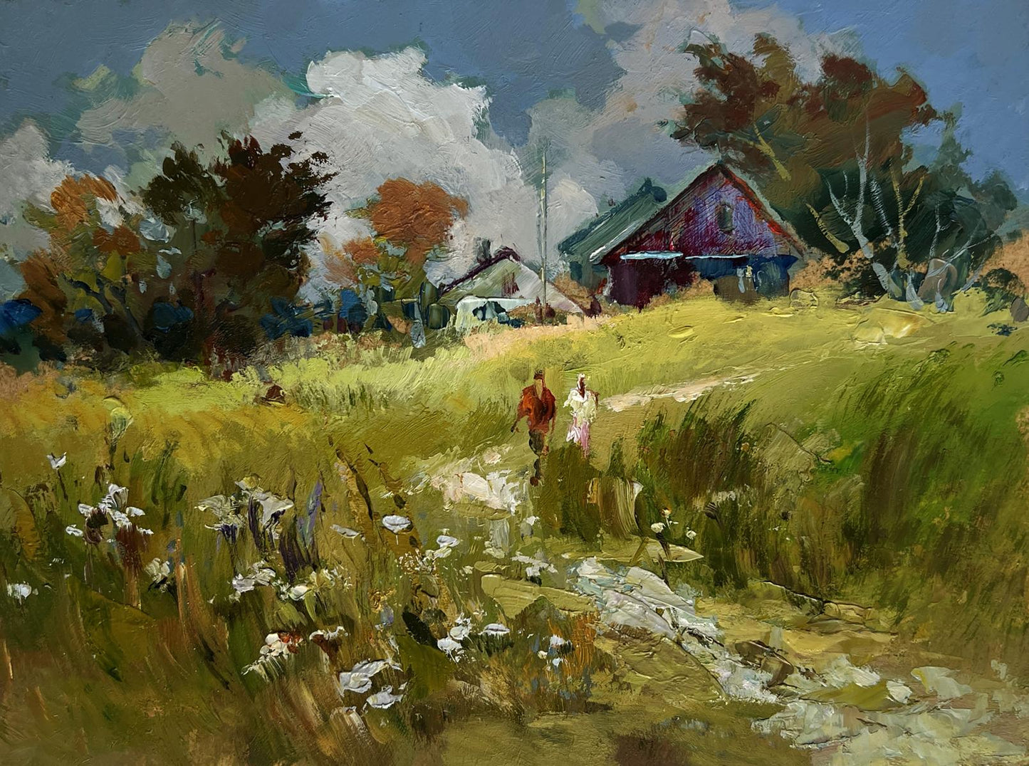 Oil painting by Yuriy Suprunchuk: couple walking through autumn field house