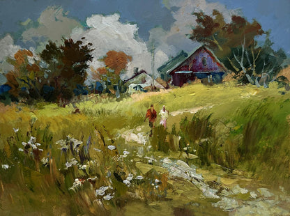 Oil painting by Yuriy Suprunchuk: couple walking through autumn field house