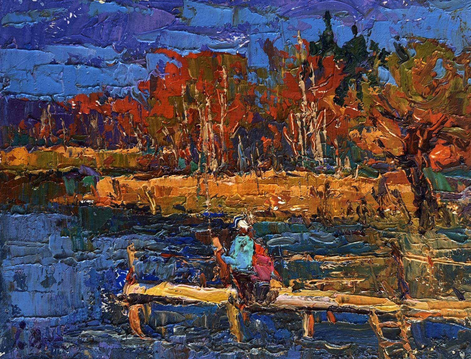 Vibrant impressionist oil painting Autumn mood near river by Oksana Ivanyuk