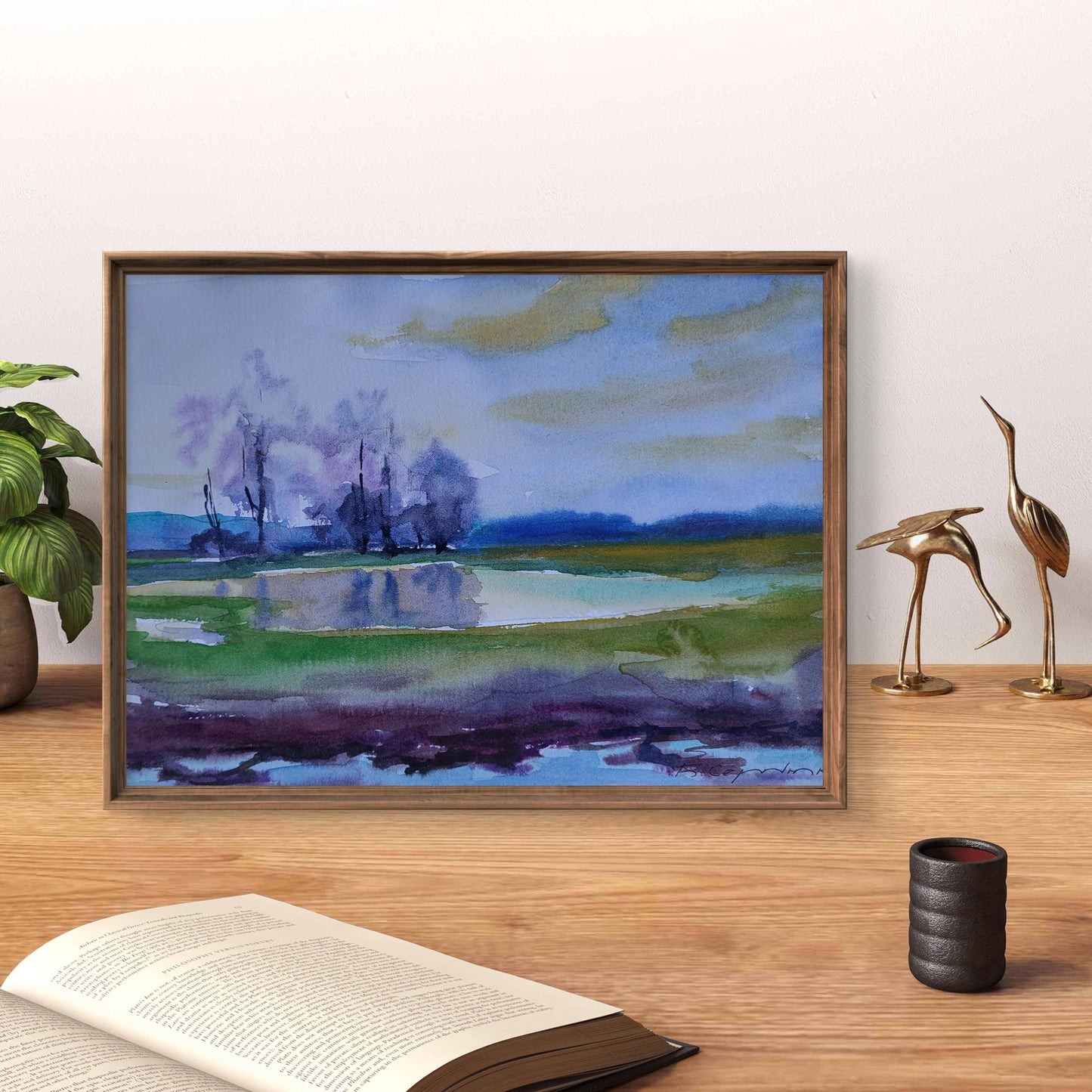 Watercolor painting Lake in the Woods by Boris Serdyuk in rustic frame