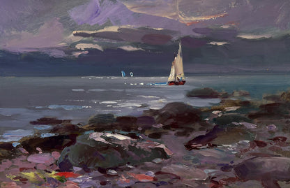 Oil painting of sailboat over blue waves by Yuriy Suprunchuk