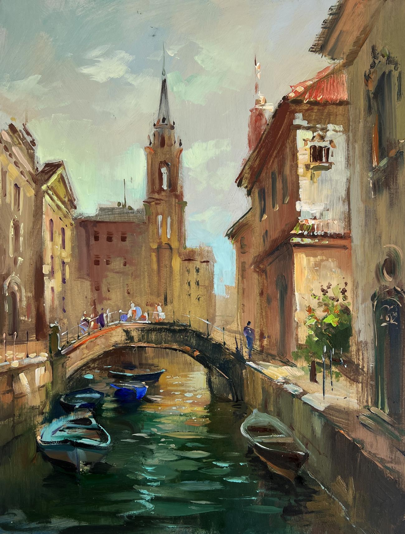 Venice canal oil painting by Yuriy Suprunchuk with stone bridge and boats