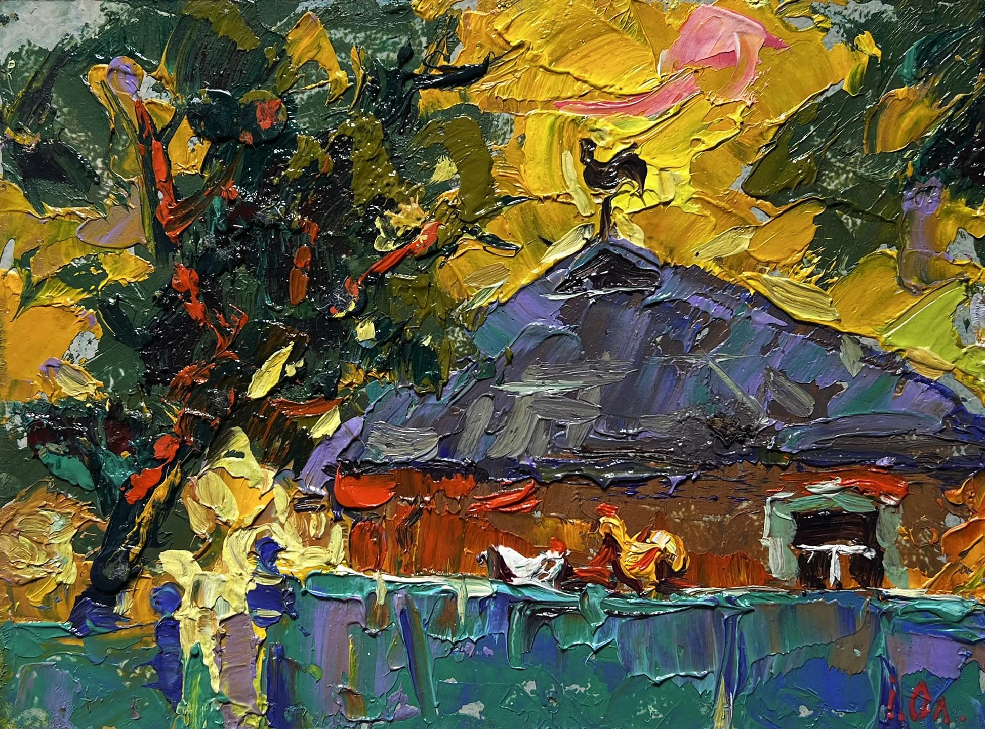 Vibrant impressionist painting of a rustic house with thick, textured brushstrokes in bold yellows, greens, purples, and reds.