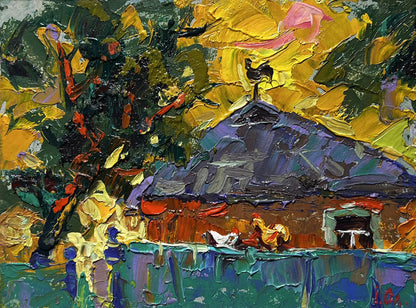 Vibrant impressionist painting of a rustic house with thick, textured brushstrokes in bold yellows, greens, purples, and reds.