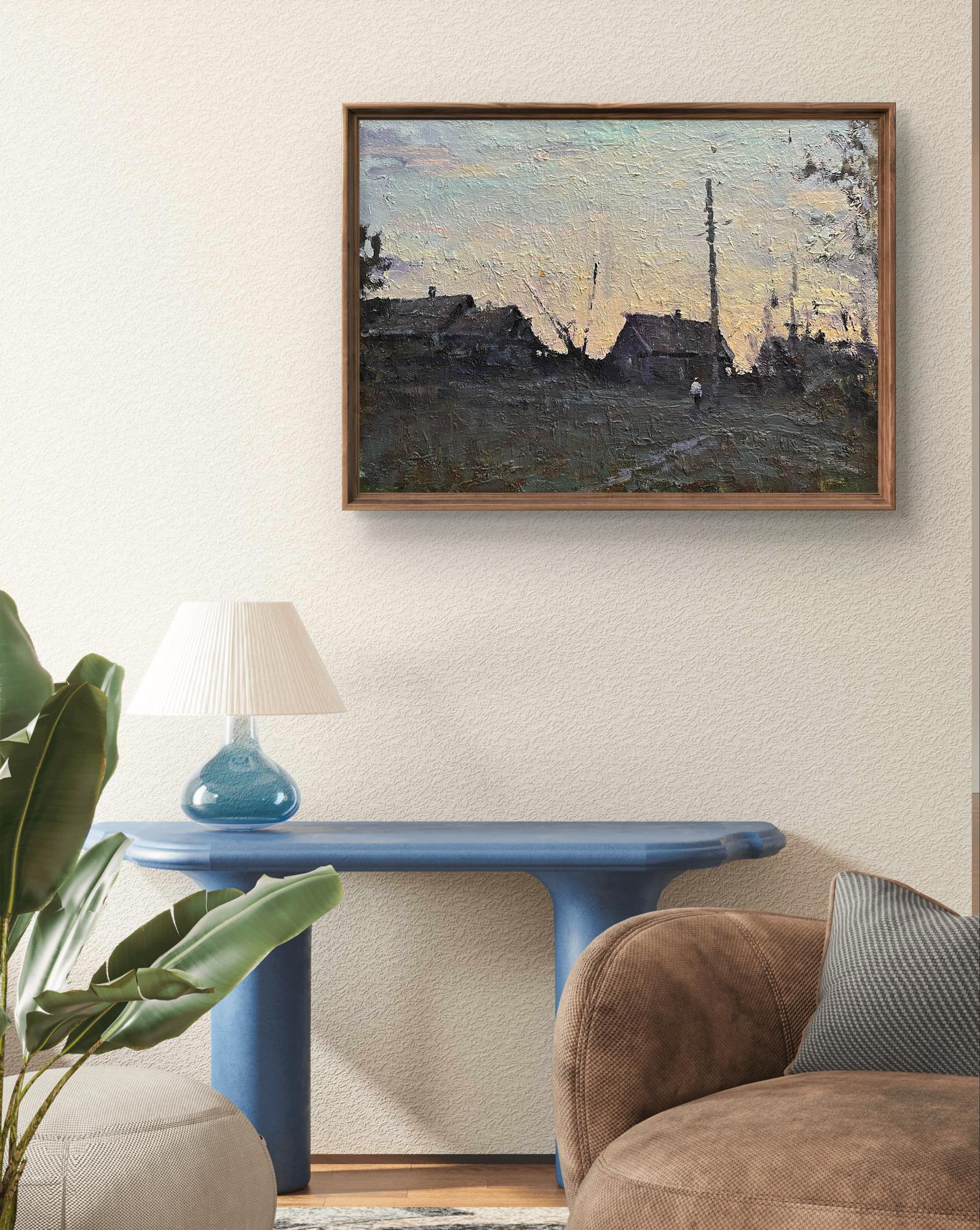 Oil painting Autumn in the village by Volodymyr Pashchenko, impressionist dusk landscape