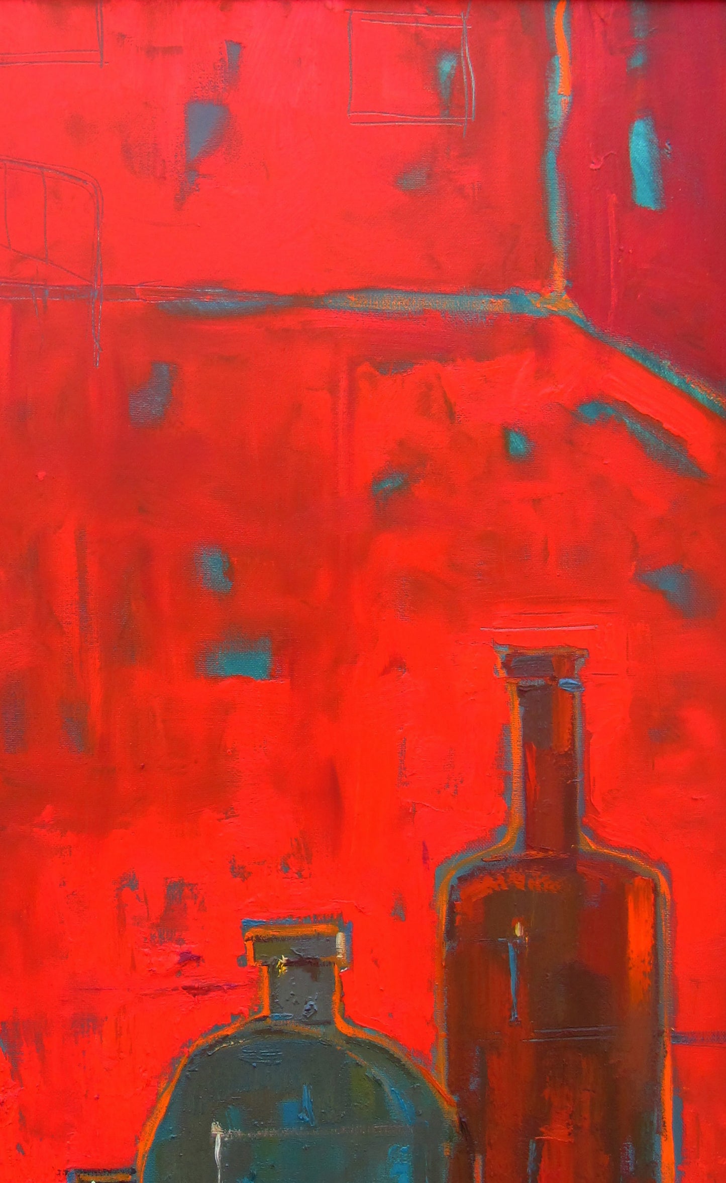 Oil painting Still life in the red room by Natalia Korf-Ivaniuk with teal and amber bottles