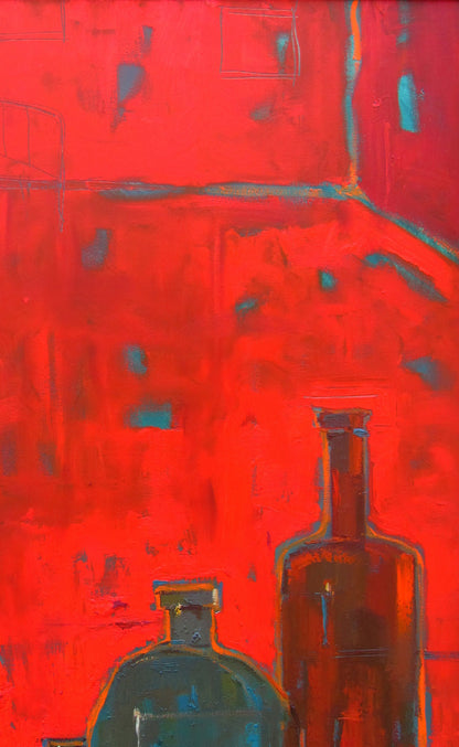 Oil painting Still life in the red room by Natalia Korf-Ivaniuk with teal and amber bottles