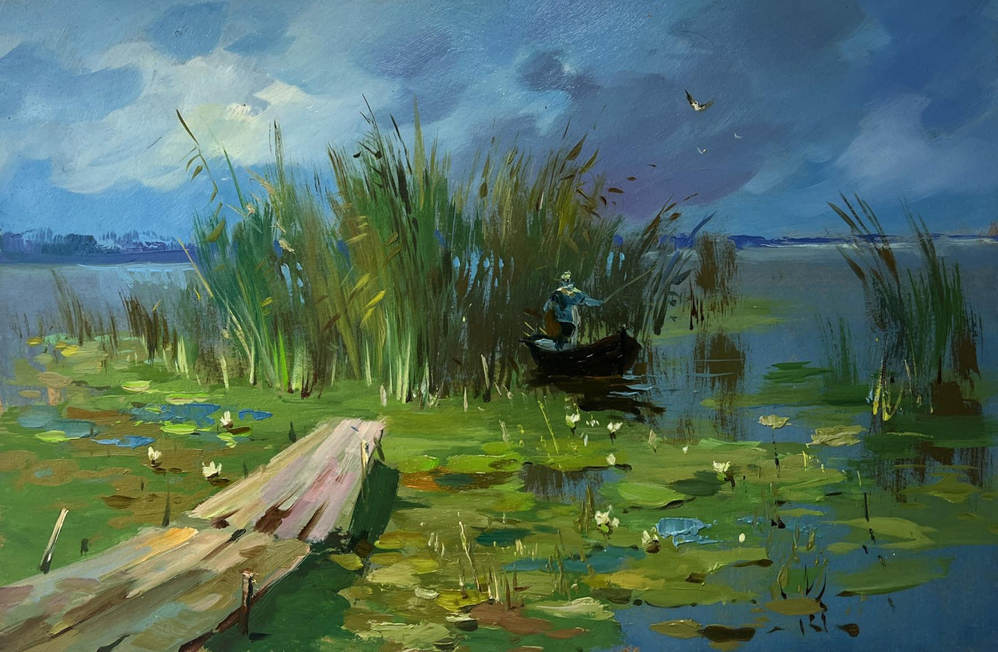 Oil painting by Yuriy Suprunchuk: lone fisherman in boat amid reeds
