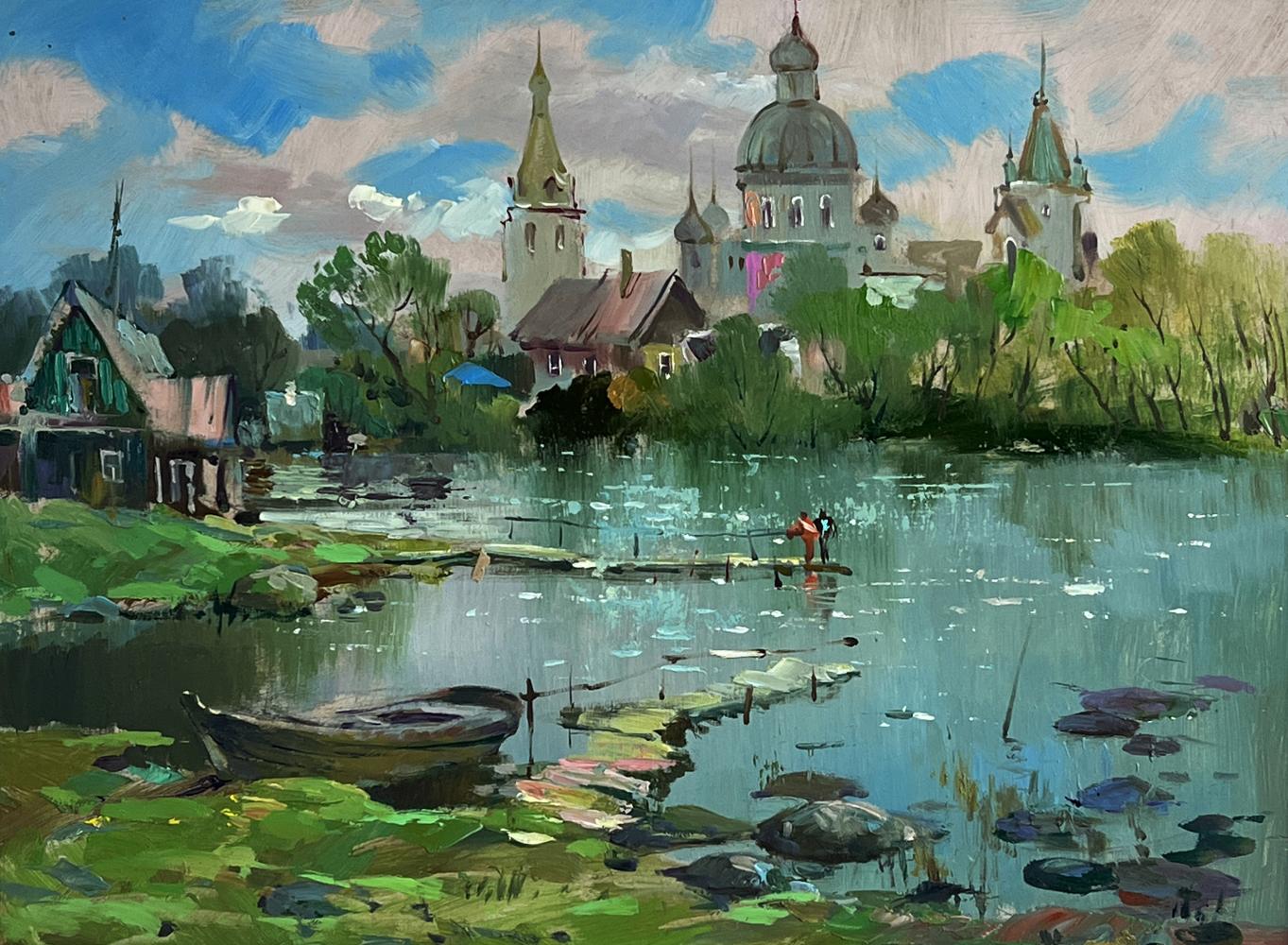 Vibrant impressionist oil painting of river near church by Yuriy Suprunchuk