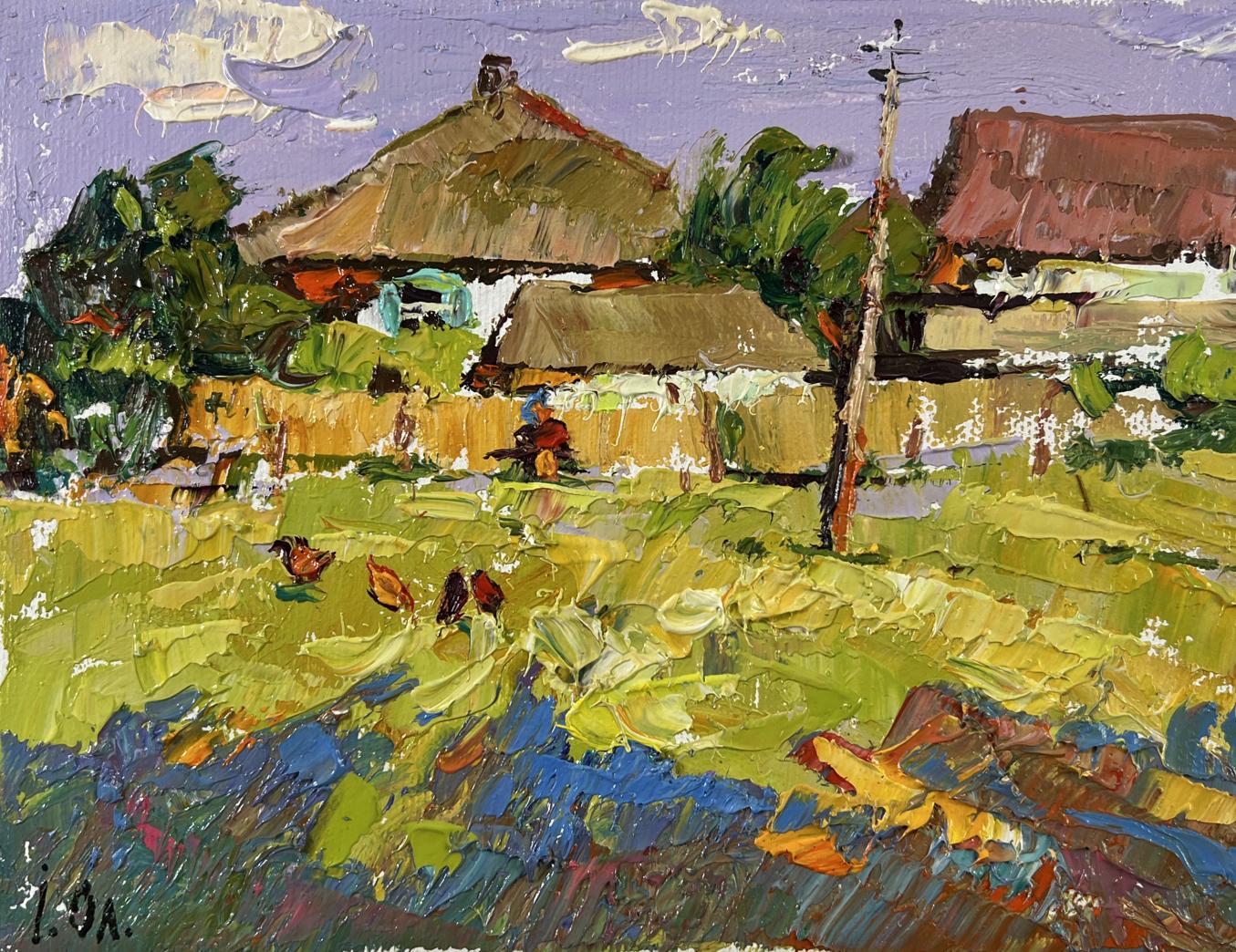 Vibrant impressionist oil painting by Oleksiy Ivanyuk of rural village relaxation