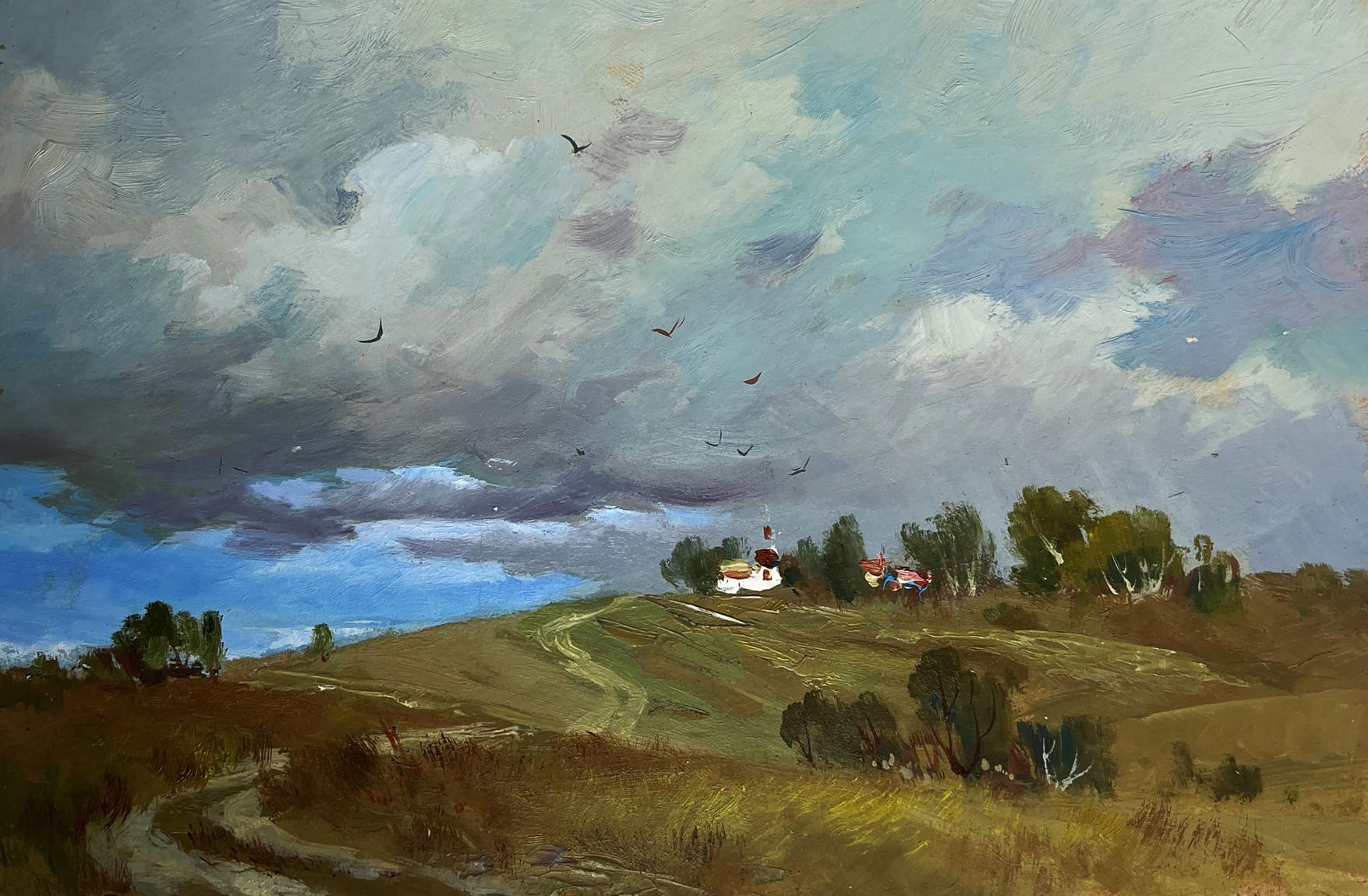 Serene oil painting by Yuriy Suprunchuk with rolling hills and grey clouds