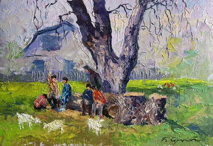 Oil painting May day in the village by Boris Serdyuk with gnarled tree