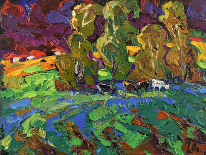 Vibrant impressionist oil painting by Oleksiy Ivanyuk: cows in green, purple, orange pastoral scene